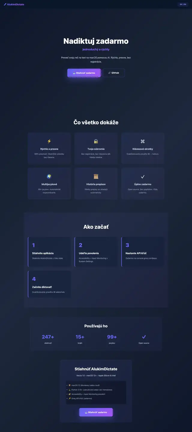 Celá stránka webu Dictate