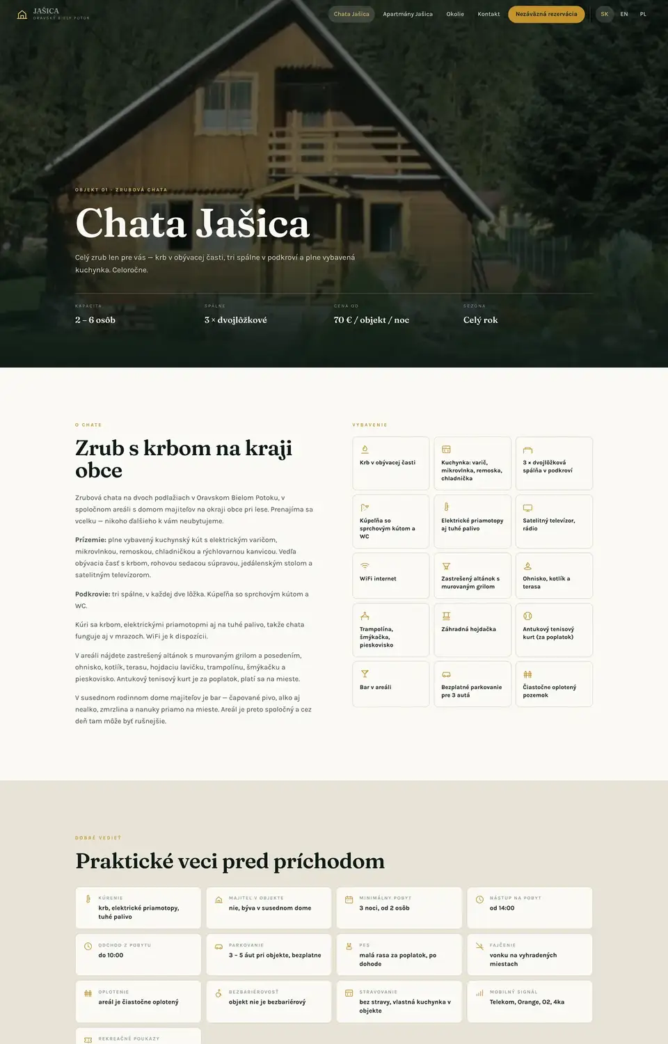 Podstránka webu Ubytovanie Jašica