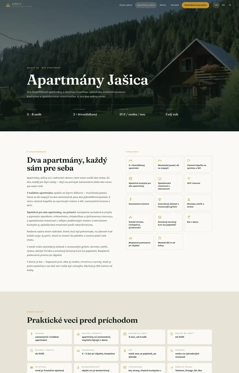 Podstránka webu Ubytovanie Jašica