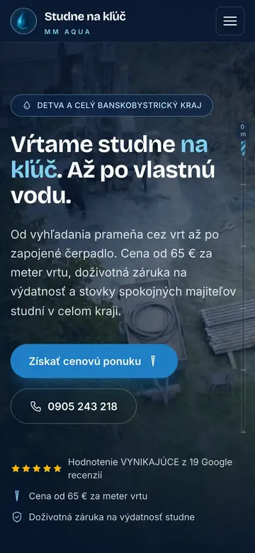 Mobilná verzia webu Studne na kľúč Detva