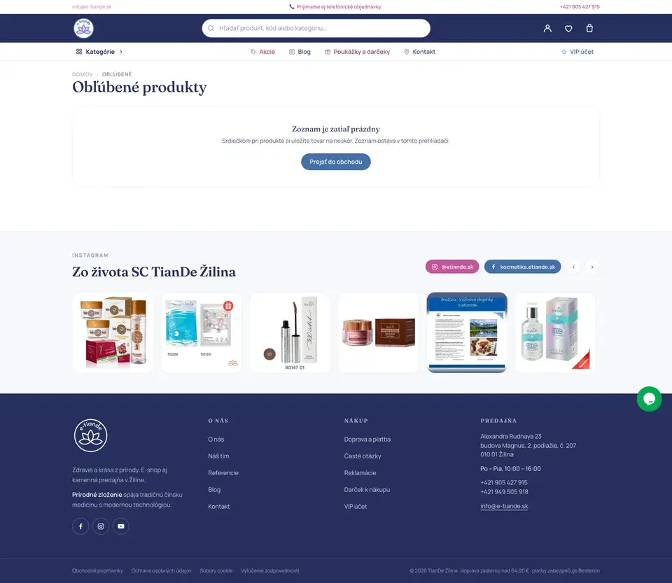 Podstránka webu TianDe e-shop