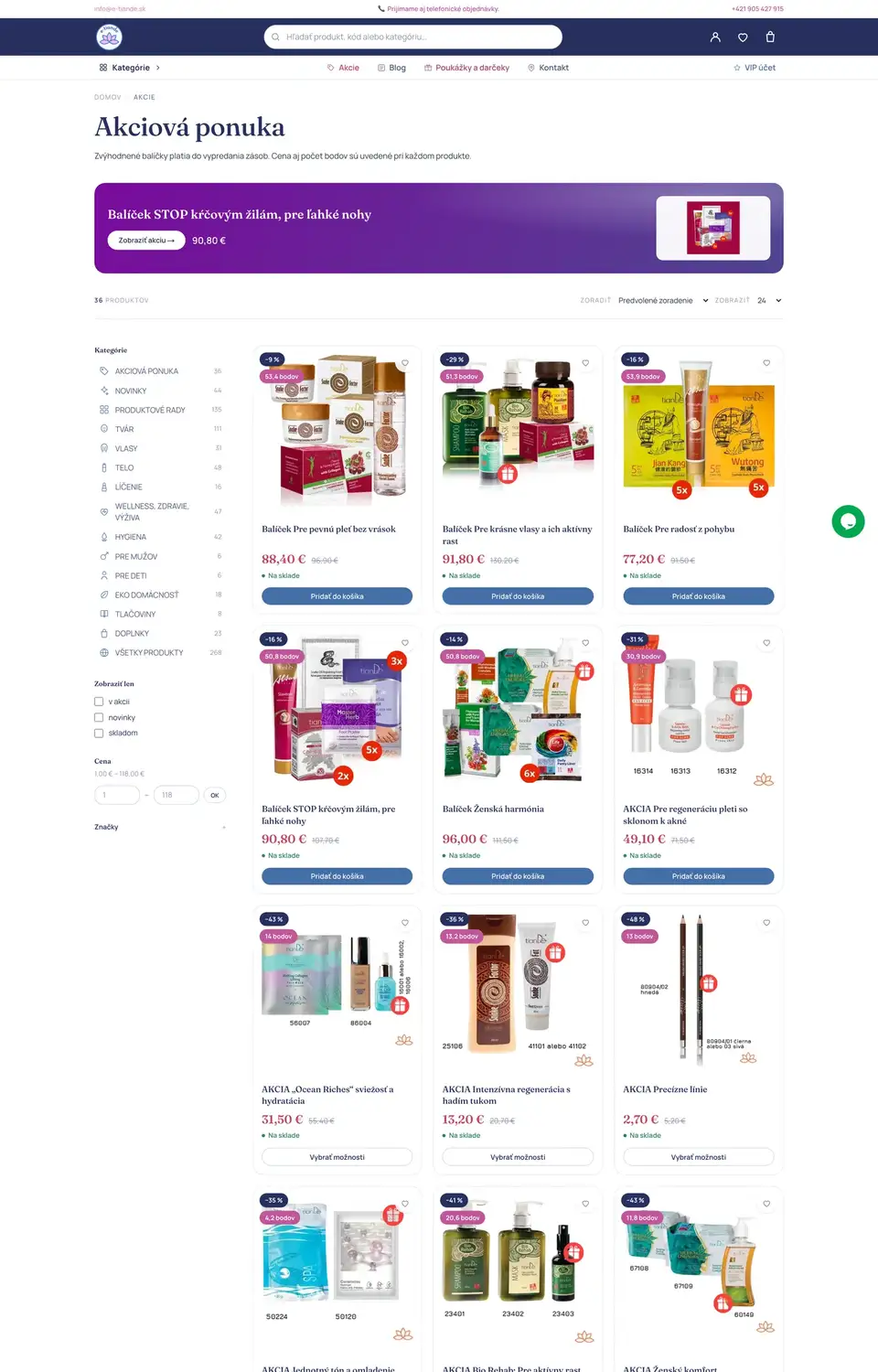 Podstránka webu TianDe e-shop